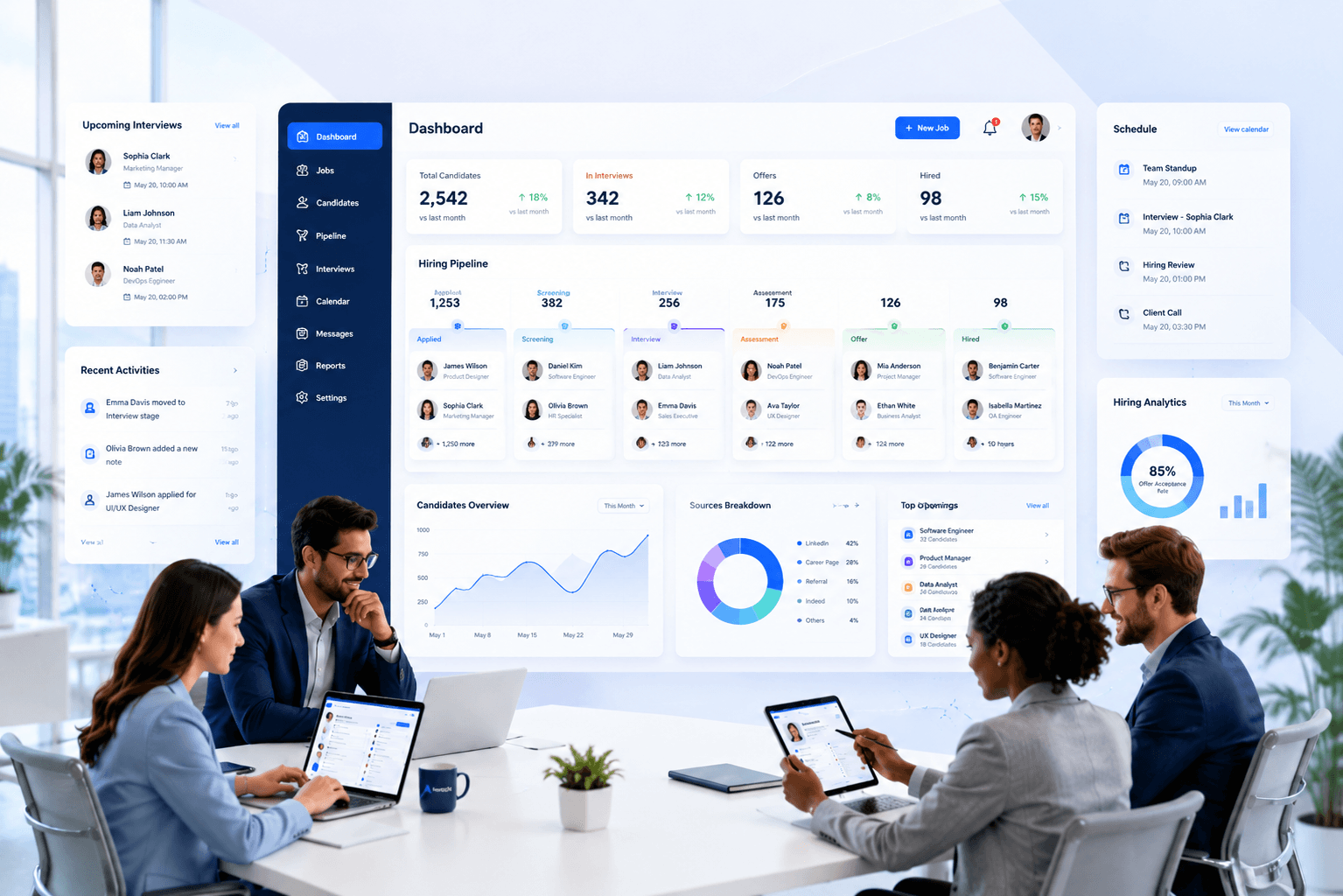 A recruiting team reviewing the InnoATS dashboard — hiring pipeline stages, candidate profiles, upcoming interviews, and hiring analytics on one screen.